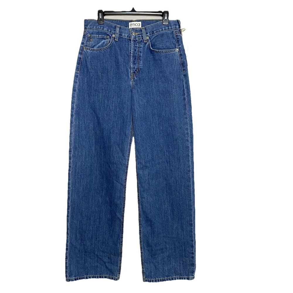 Etica Stanton Relaxed Wide‎ Leg Fistral Jeans Women Sz 27 Blue Denim Button-Fly